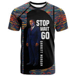 Garrett Morgan T shirt with Full Body Portrait, Stop Wait Go Quote, Traffic Light Design - African Pride