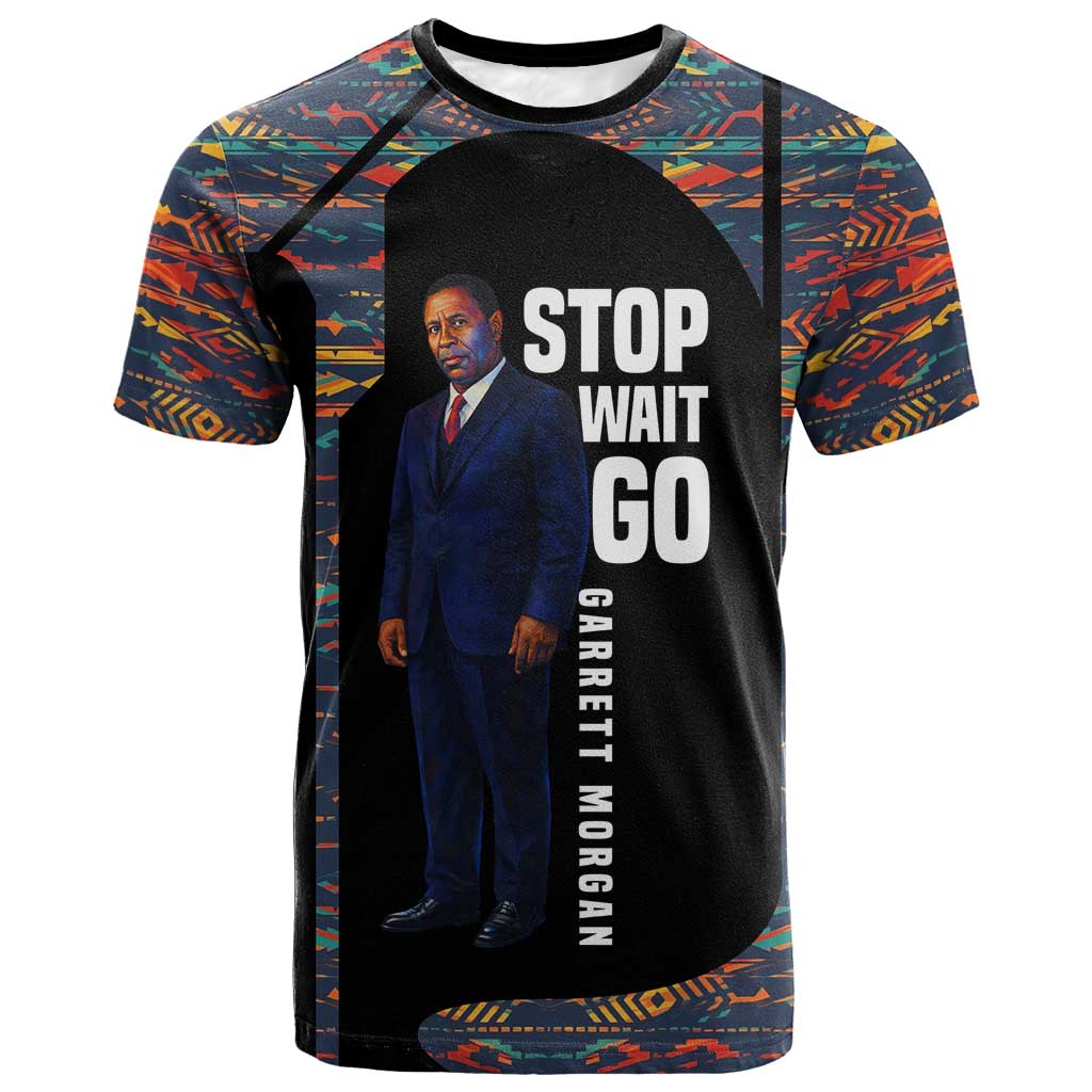Garrett Morgan T shirt with Full Body Portrait, Stop Wait Go Quote, Traffic Light Design - African Pride