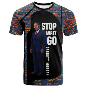 Garrett Morgan T shirt with Full Body Portrait, Stop Wait Go Quote, Traffic Light Design - African Pride