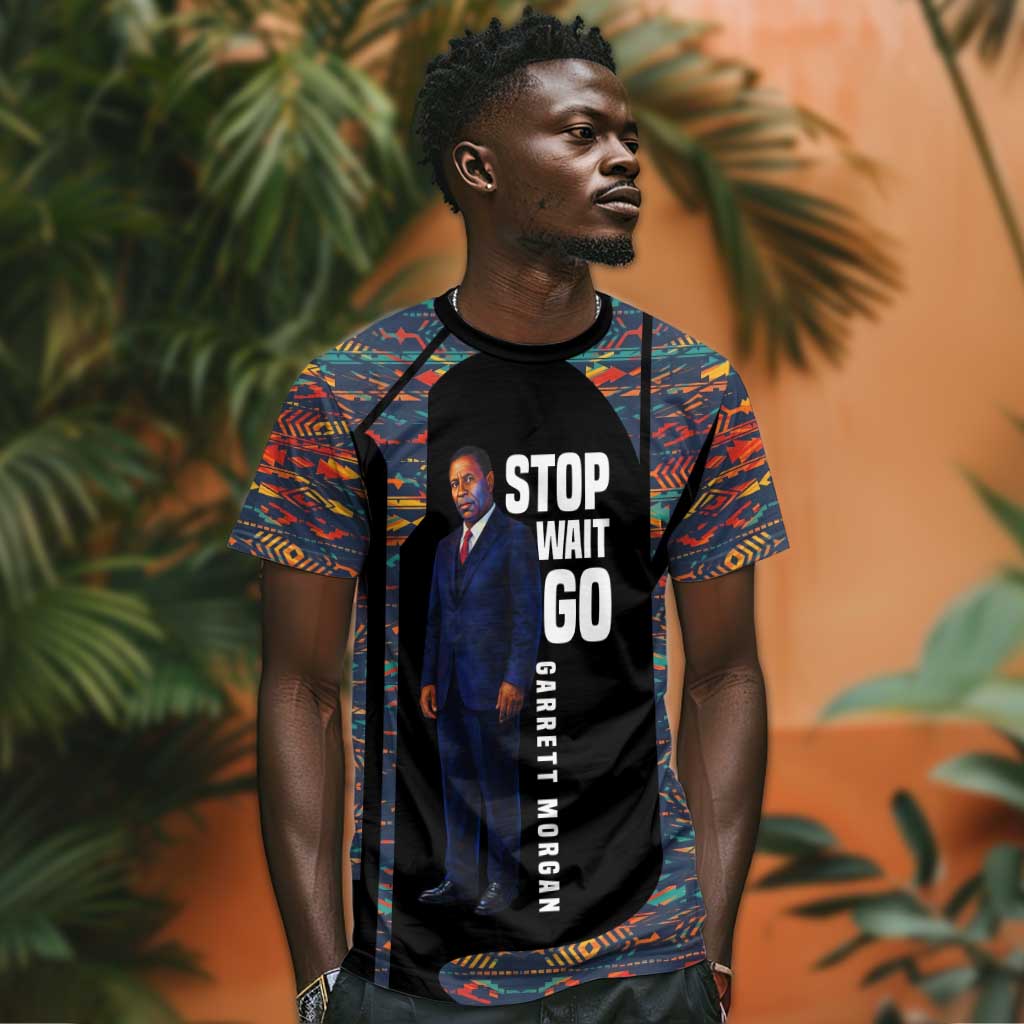 Garrett Morgan T shirt with Full Body Portrait, Stop Wait Go Quote, Traffic Light Design - African Pride