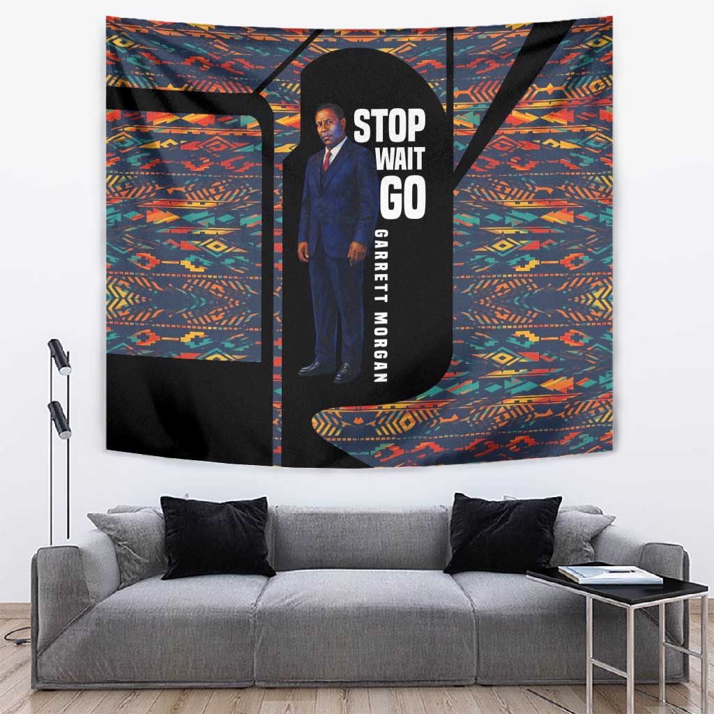 Garrett Morgan Tapestry with Full Body Portrait, Stop Wait Go Quote, Traffic Light Design - African Pride