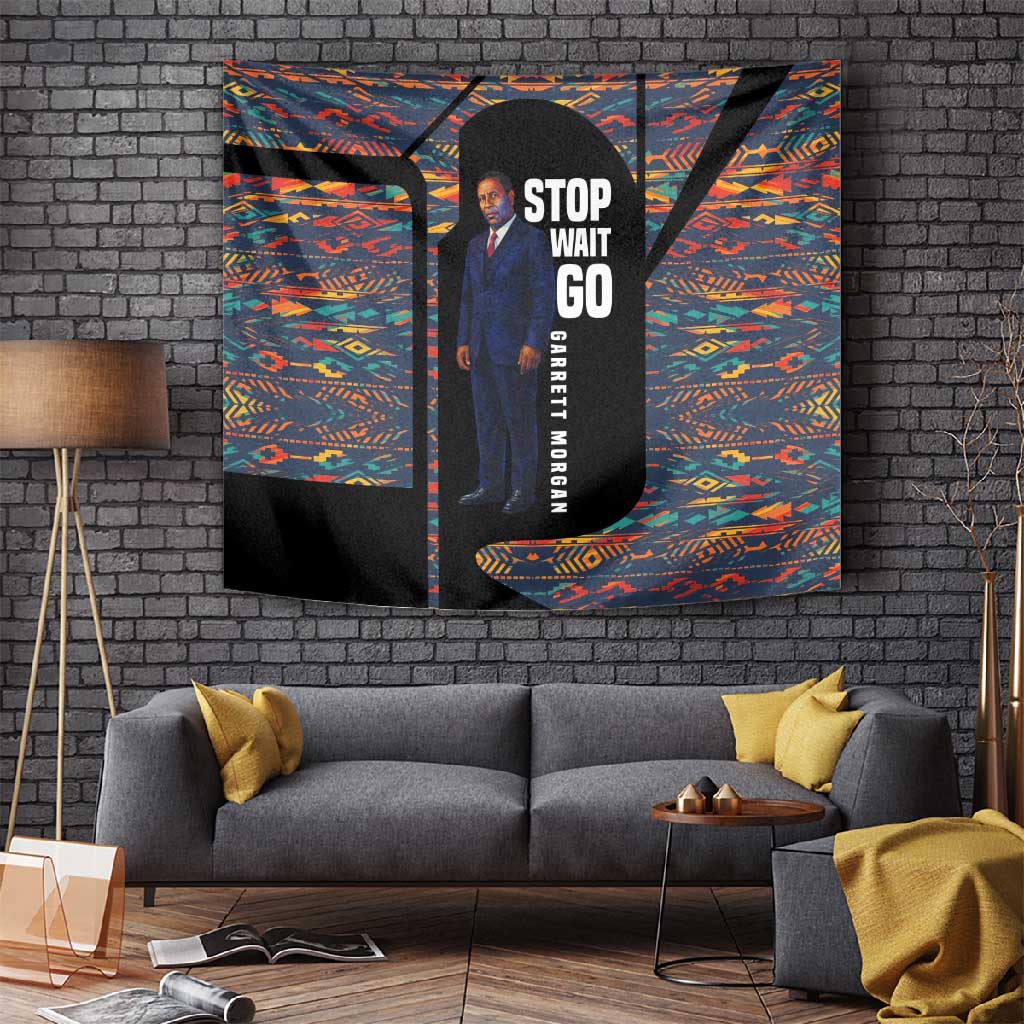 Garrett Morgan Tapestry with Full Body Portrait, Stop Wait Go Quote, Traffic Light Design - African Pride