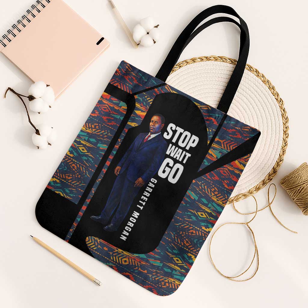Garrett Morgan Tote Bag with Full Body Portrait, Stop Wait Go Quote, Traffic Light Design - African Pride