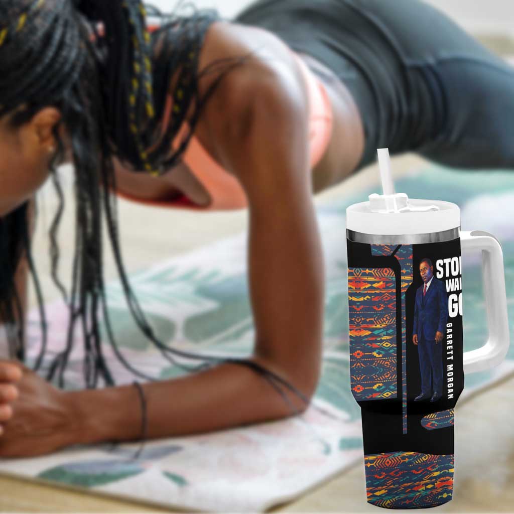 Garrett Morgan Tumbler With Handle with Full Body Portrait, Stop Wait Go Quote, Traffic Light Design - African Pride