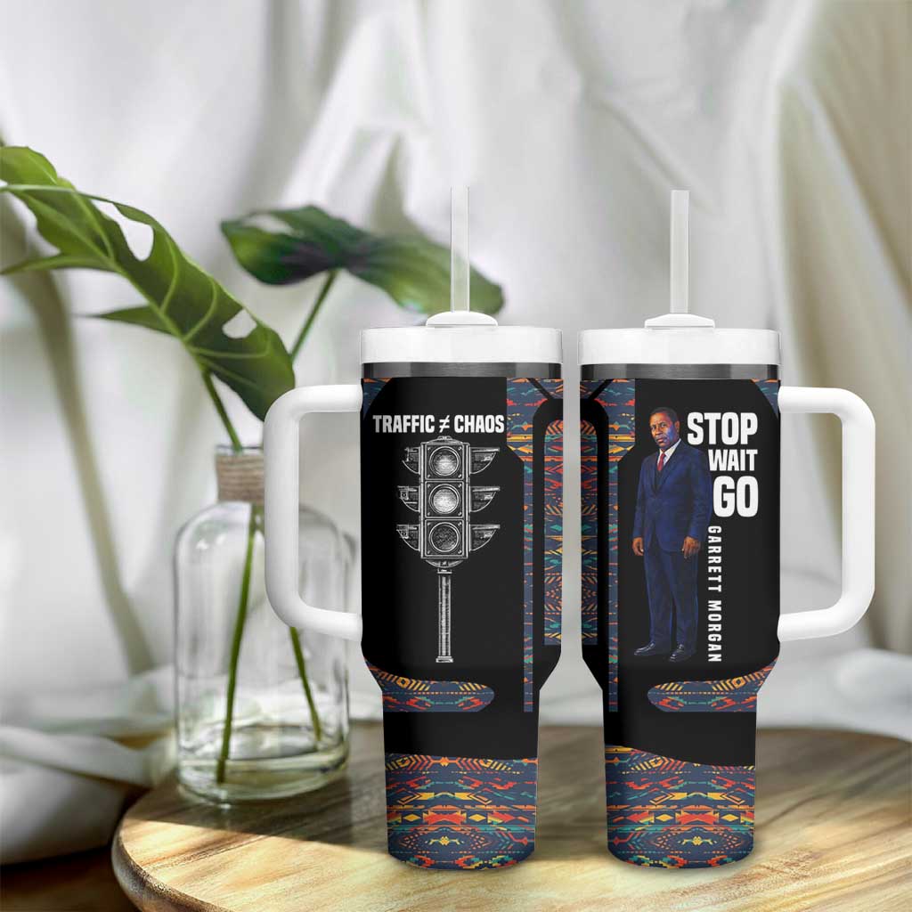 Garrett Morgan Tumbler With Handle with Full Body Portrait, Stop Wait Go Quote, Traffic Light Design - African Pride