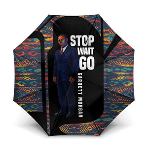 Garrett Morgan Umbrella with Full Body Portrait, Stop Wait Go Quote, Traffic Light Design - African Pride