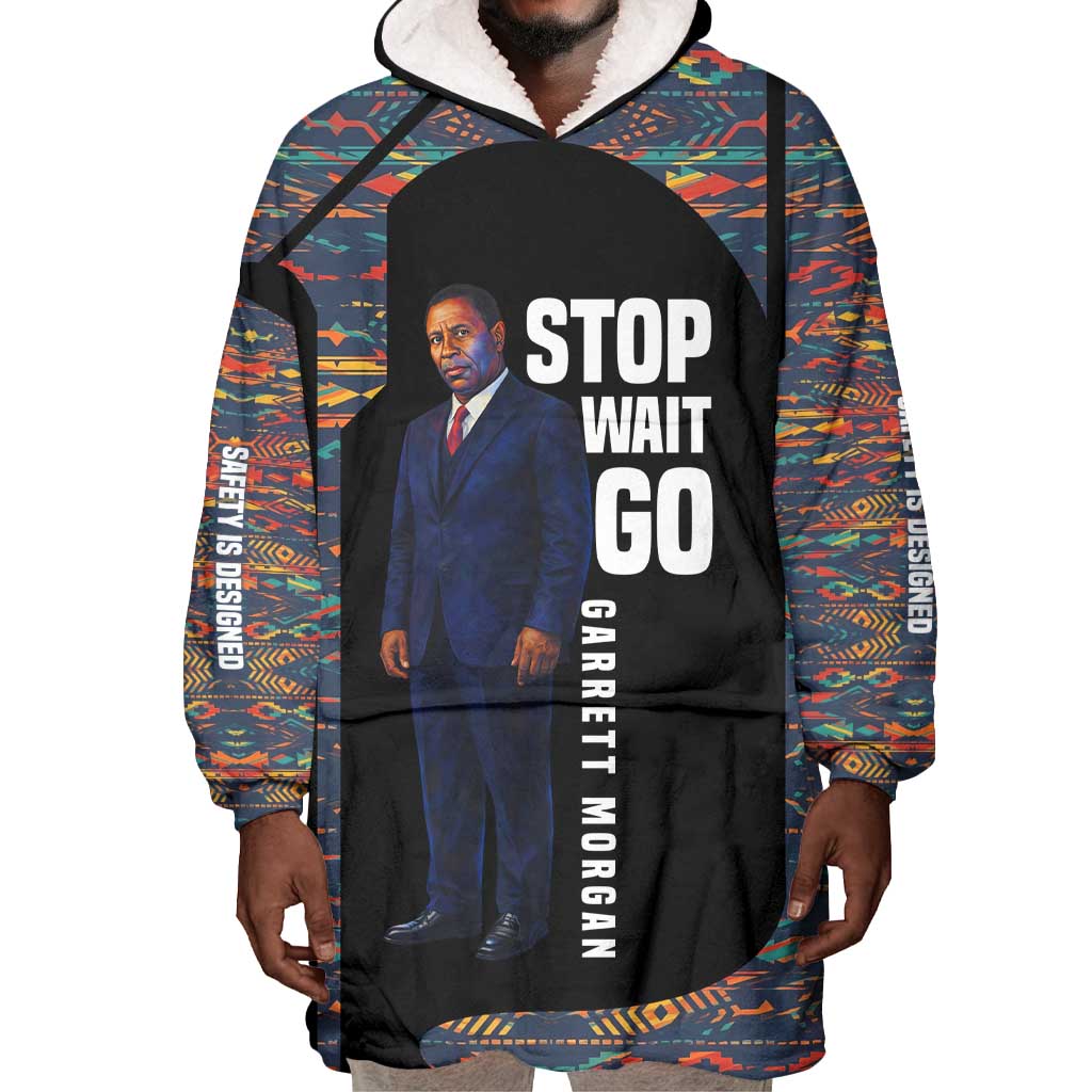 Garrett Morgan Wearable Blanket Hoodie with Full Body Portrait, Stop Wait Go Quote, Traffic Light Design - African Pride