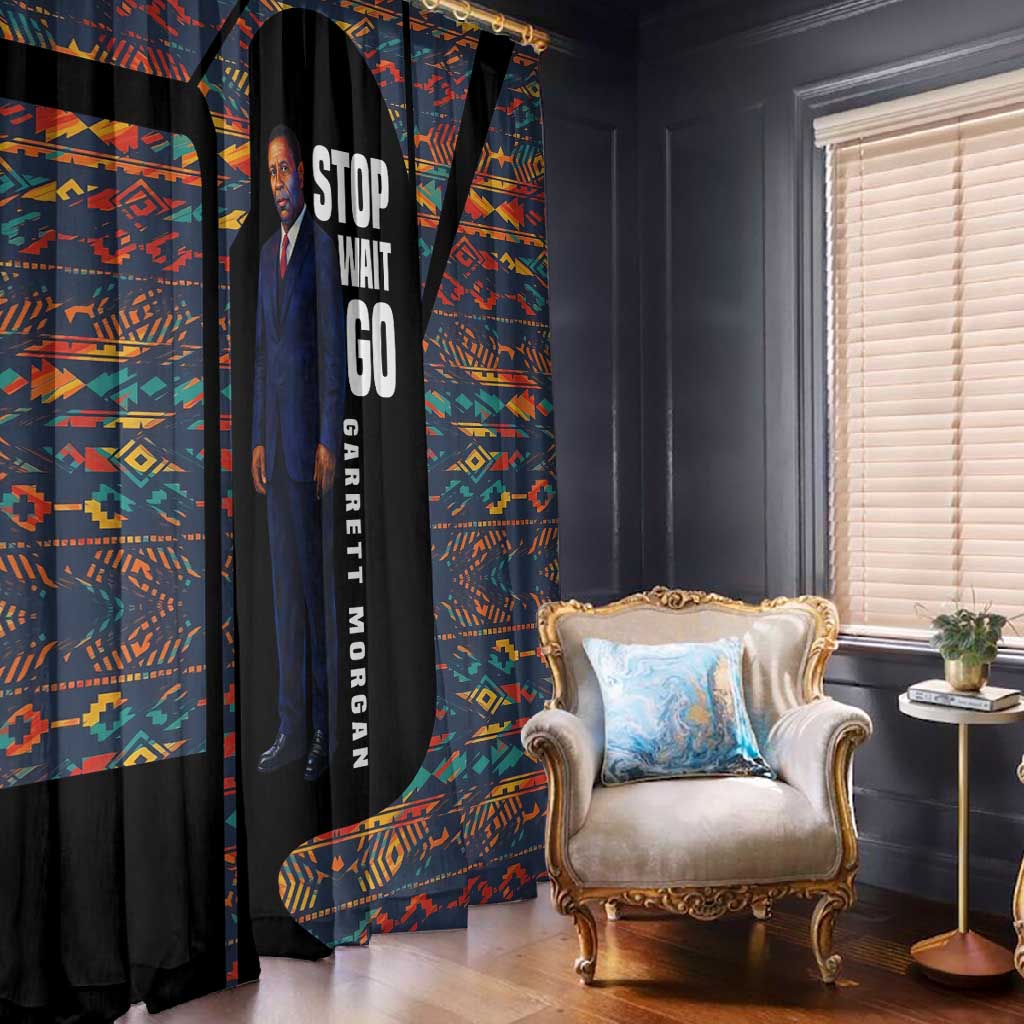 Garrett Morgan Window Curtain with Full Body Portrait, Stop Wait Go Quote, Traffic Light Design - African Pride