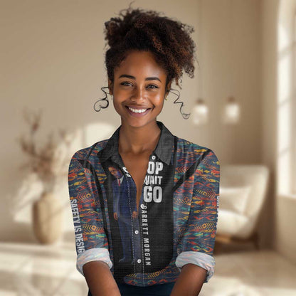 Garrett Morgan Women Casual Shirt with Full Body Portrait, Stop Wait Go Quote, Traffic Light Design - African Pride