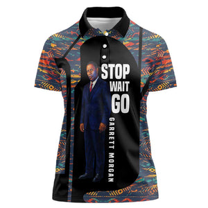 Garrett Morgan Women Polo Shirt with Full Body Portrait, Stop Wait Go Quote, Traffic Light Design - African Pride