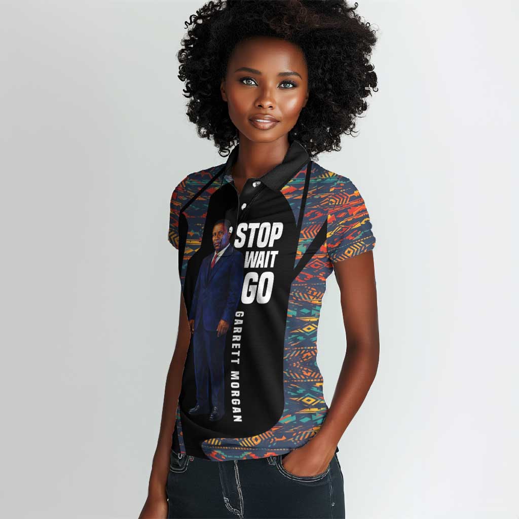 Garrett Morgan Women Polo Shirt with Full Body Portrait, Stop Wait Go Quote, Traffic Light Design - African Pride
