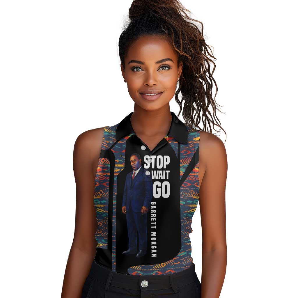 Garrett Morgan Women Sleeveless Polo Shirt with Full Body Portrait, Stop Wait Go Quote, Traffic Light Design - African Pride