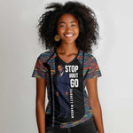 Garrett Morgan Women V-Neck T-Shirt with Full Body Portrait, Stop Wait Go Quote, Traffic Light Design - African Pride