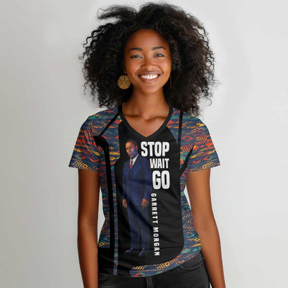 Garrett Morgan Women V-Neck T-Shirt with Full Body Portrait, Stop Wait Go Quote, Traffic Light Design - African Pride