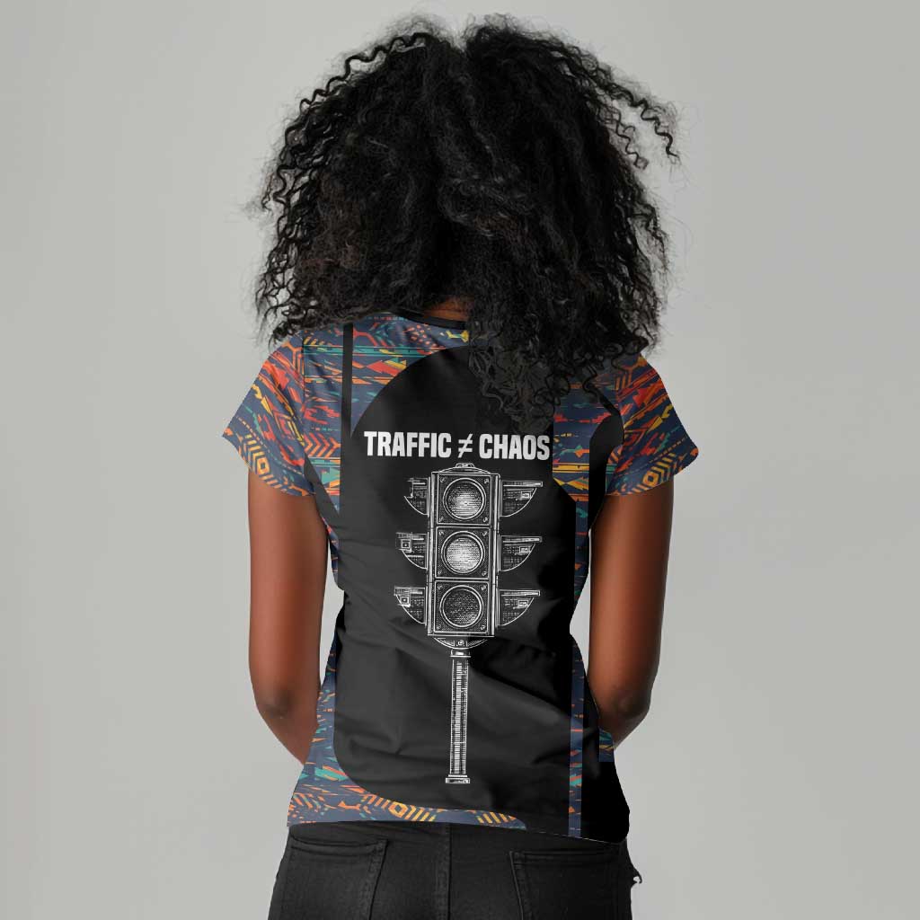 Garrett Morgan Women V-Neck T-Shirt with Full Body Portrait, Stop Wait Go Quote, Traffic Light Design - African Pride