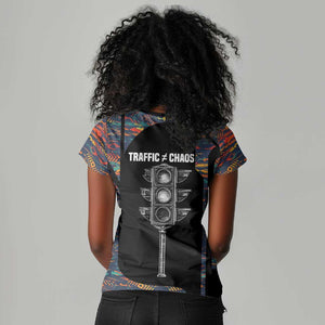 Garrett Morgan Women V-Neck T-Shirt with Full Body Portrait, Stop Wait Go Quote, Traffic Light Design - African Pride