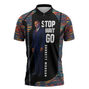 Garrett Morgan Zipper Polo Shirt with Full Body Portrait, Stop Wait Go Quote, Traffic Light Design - African Pride