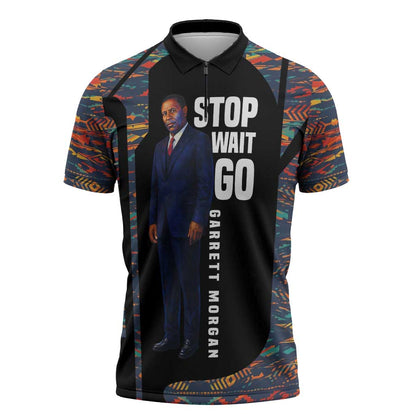 Garrett Morgan Zipper Polo Shirt with Full Body Portrait, Stop Wait Go Quote, Traffic Light Design - African Pride