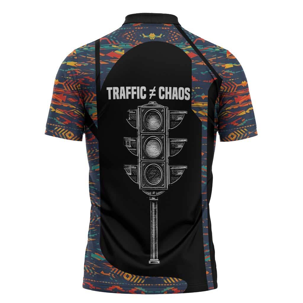 Garrett Morgan Zipper Polo Shirt with Full Body Portrait, Stop Wait Go Quote, Traffic Light Design - African Pride