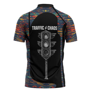 Garrett Morgan Zipper Polo Shirt with Full Body Portrait, Stop Wait Go Quote, Traffic Light Design - African Pride