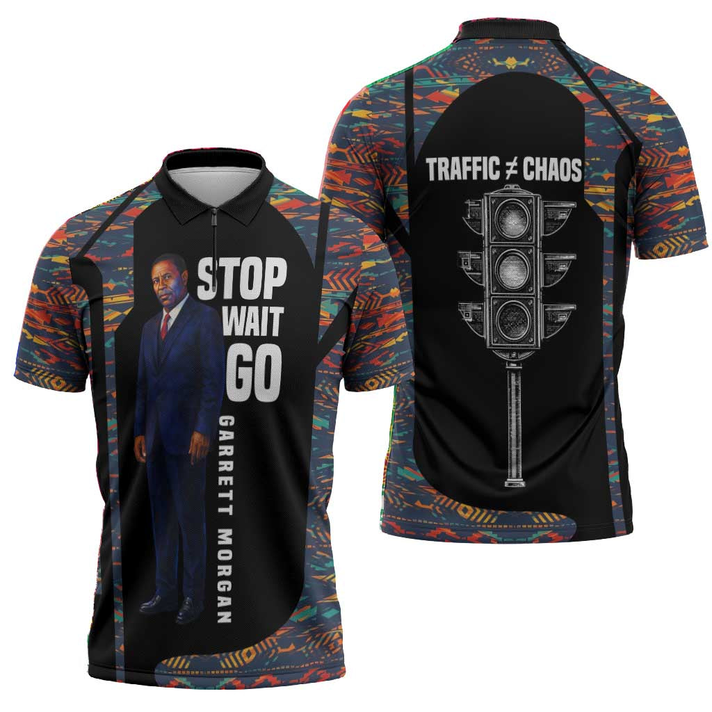 Garrett Morgan Zipper Polo Shirt with Full Body Portrait, Stop Wait Go Quote, Traffic Light Design - African Pride