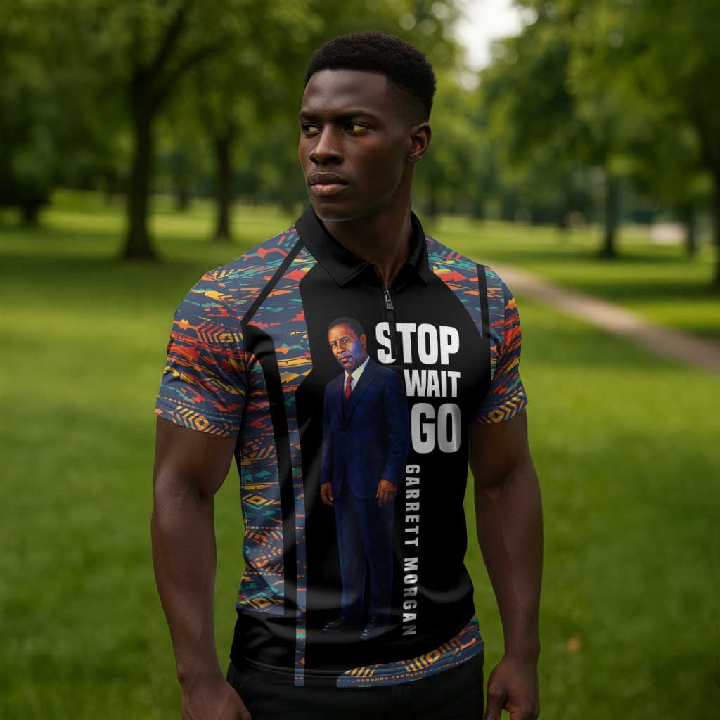 Garrett Morgan Zipper Polo Shirt with Full Body Portrait, Stop Wait Go Quote, Traffic Light Design - African Pride