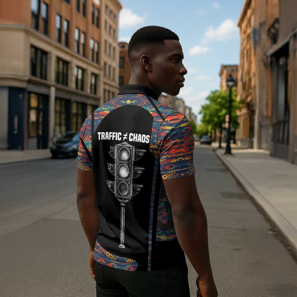 Garrett Morgan Zipper Polo Shirt with Full Body Portrait, Stop Wait Go Quote, Traffic Light Design - African Pride
