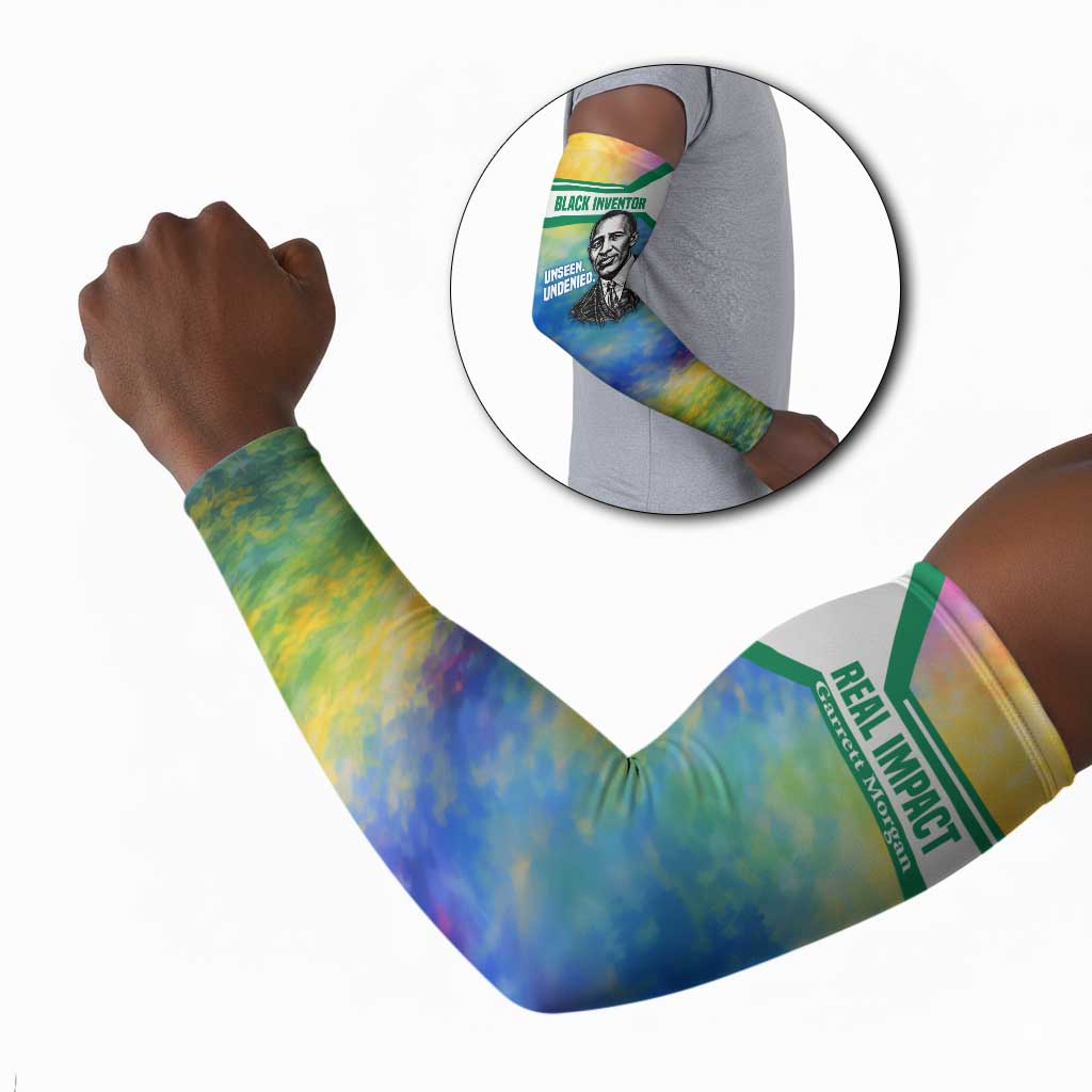 Garrett Morgan Arm Sleeves with Real Impact Quote, Black Inventor Portrait and Vibrant Watercolor - African Pride