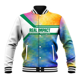 Garrett Morgan Baseball Jacket with Real Impact Quote, Black Inventor Portrait and Vibrant Watercolor - African Pride