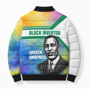 Garrett Morgan Bomber Puffer Jacket with Real Impact Quote, Black Inventor Portrait and Vibrant Watercolor - African Pride