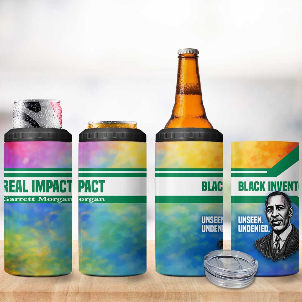 Garrett Morgan 4 in 1 Can Cooler Tumbler with Real Impact Quote, Black Inventor Portrait and Vibrant Watercolor - African Pride