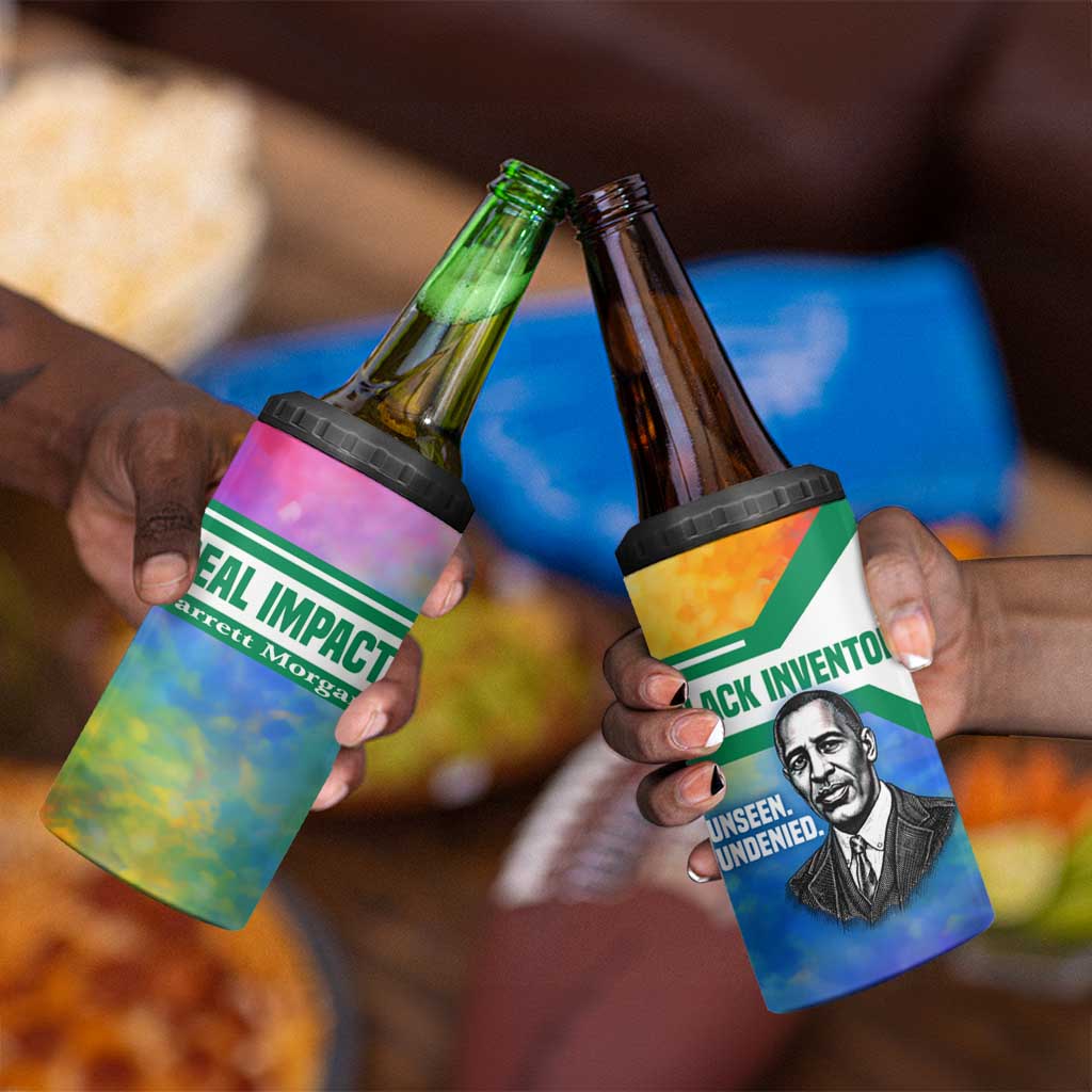 Garrett Morgan 4 in 1 Can Cooler Tumbler with Real Impact Quote, Black Inventor Portrait and Vibrant Watercolor - African Pride