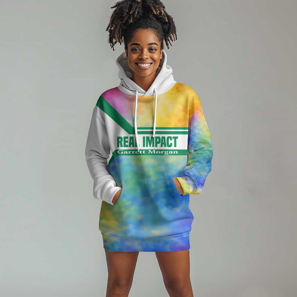 Garrett Morgan Hoodie Dress with Real Impact Quote, Black Inventor Portrait and Vibrant Watercolor - African Pride