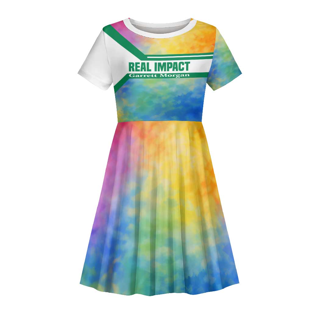 Garrett Morgan Kid Short Sleeve Dress with Real Impact Quote, Black Inventor Portrait and Vibrant Watercolor - African Pride