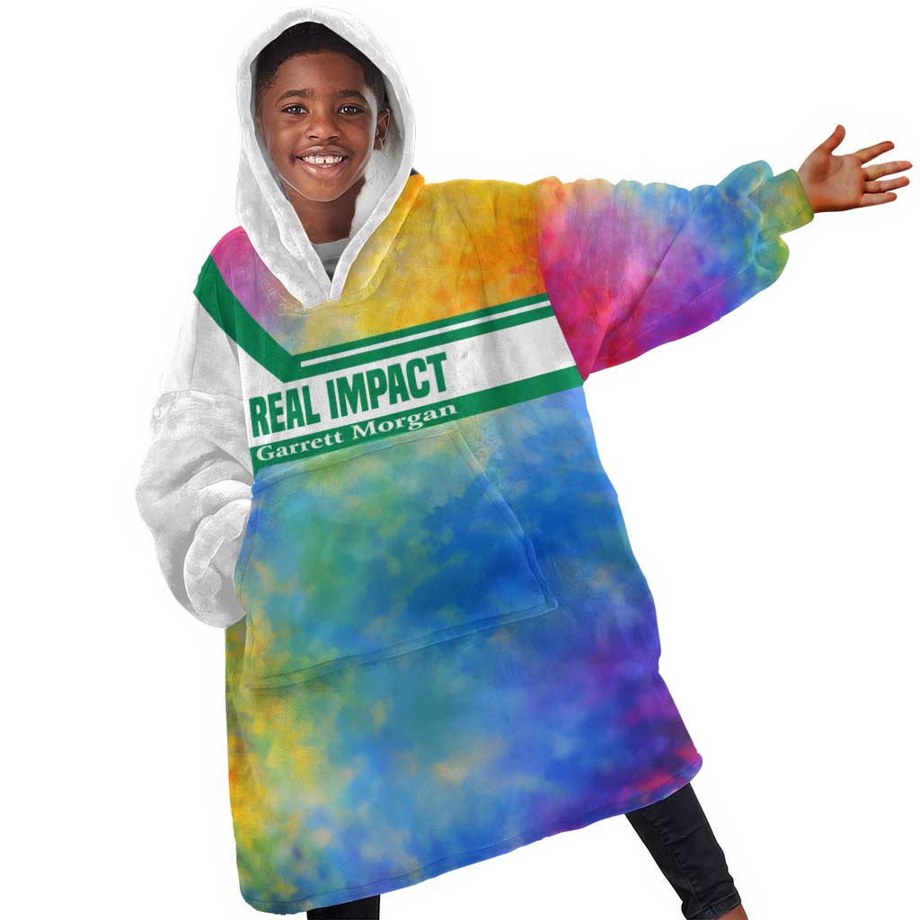 Garrett Morgan Kid Wearable Blanket Hoodie with Real Impact Quote, Black Inventor Portrait and Vibrant Watercolor - African Pride