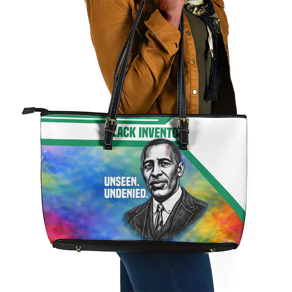 Garrett Morgan Leather Tote Bag with Real Impact Quote, Black Inventor Portrait and Vibrant Watercolor - African Pride