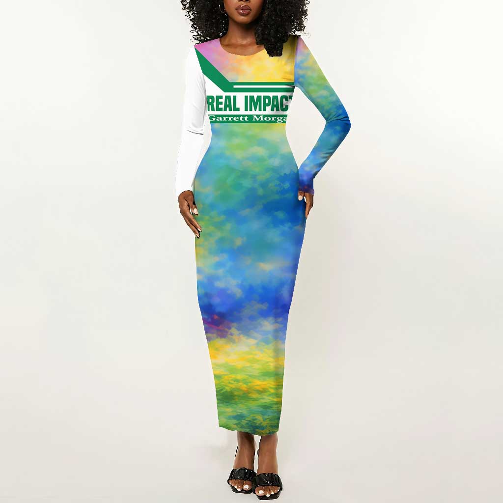 Garrett Morgan Long Sleeve Bodycon Dress with Real Impact Quote, Black Inventor Portrait and Vibrant Watercolor - African Pride