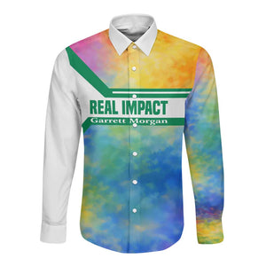 Garrett Morgan Long Sleeve Button Shirt with Real Impact Quote, Black Inventor Portrait and Vibrant Watercolor - African Pride