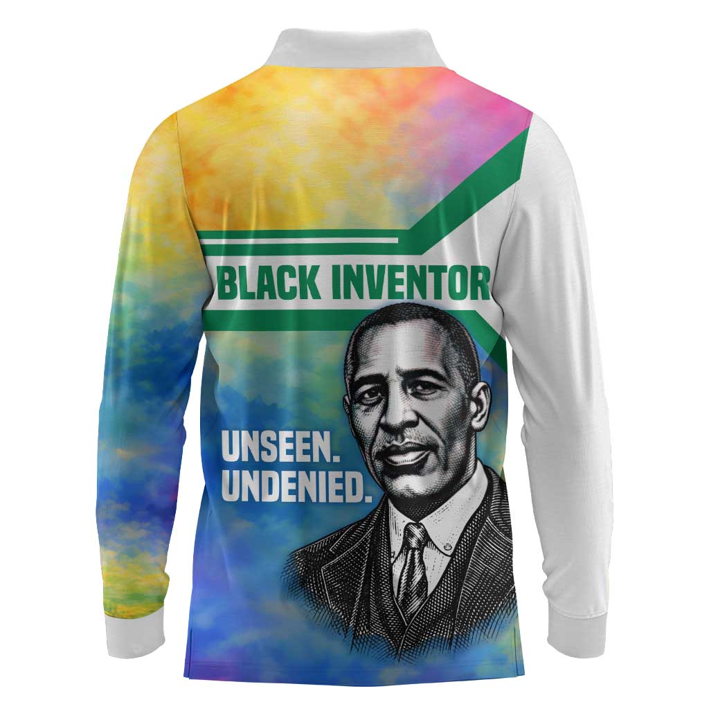 Garrett Morgan Long Sleeve Polo Shirt with Real Impact Quote, Black Inventor Portrait and Vibrant Watercolor - African Pride