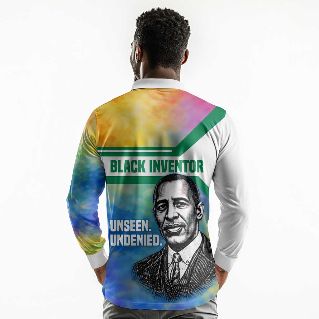 Garrett Morgan Long Sleeve Polo Shirt with Real Impact Quote, Black Inventor Portrait and Vibrant Watercolor - African Pride