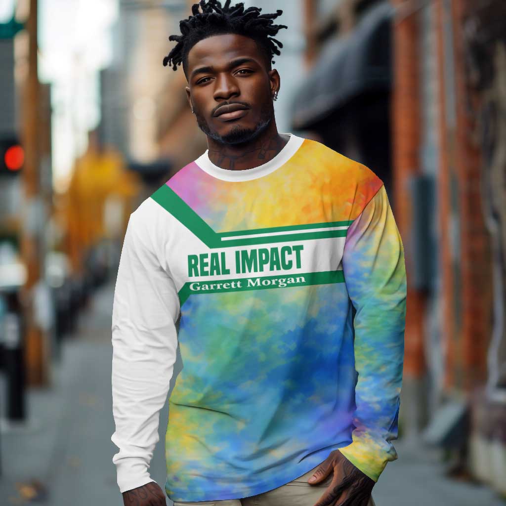 Garrett Morgan Long Sleeve Shirt with Real Impact Quote, Black Inventor Portrait and Vibrant Watercolor - African Pride