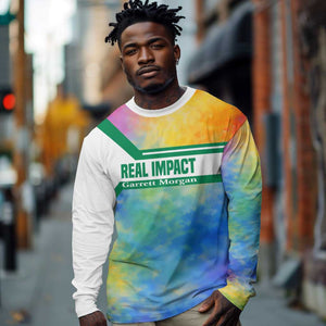 Garrett Morgan Long Sleeve Shirt with Real Impact Quote, Black Inventor Portrait and Vibrant Watercolor - African Pride