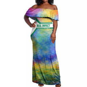 Garrett Morgan Off Shoulder Maxi Dress with Real Impact Quote, Black Inventor Portrait and Vibrant Watercolor - African Pride
