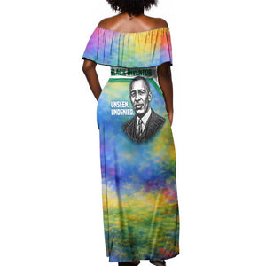 Garrett Morgan Off Shoulder Maxi Dress with Real Impact Quote, Black Inventor Portrait and Vibrant Watercolor - African Pride
