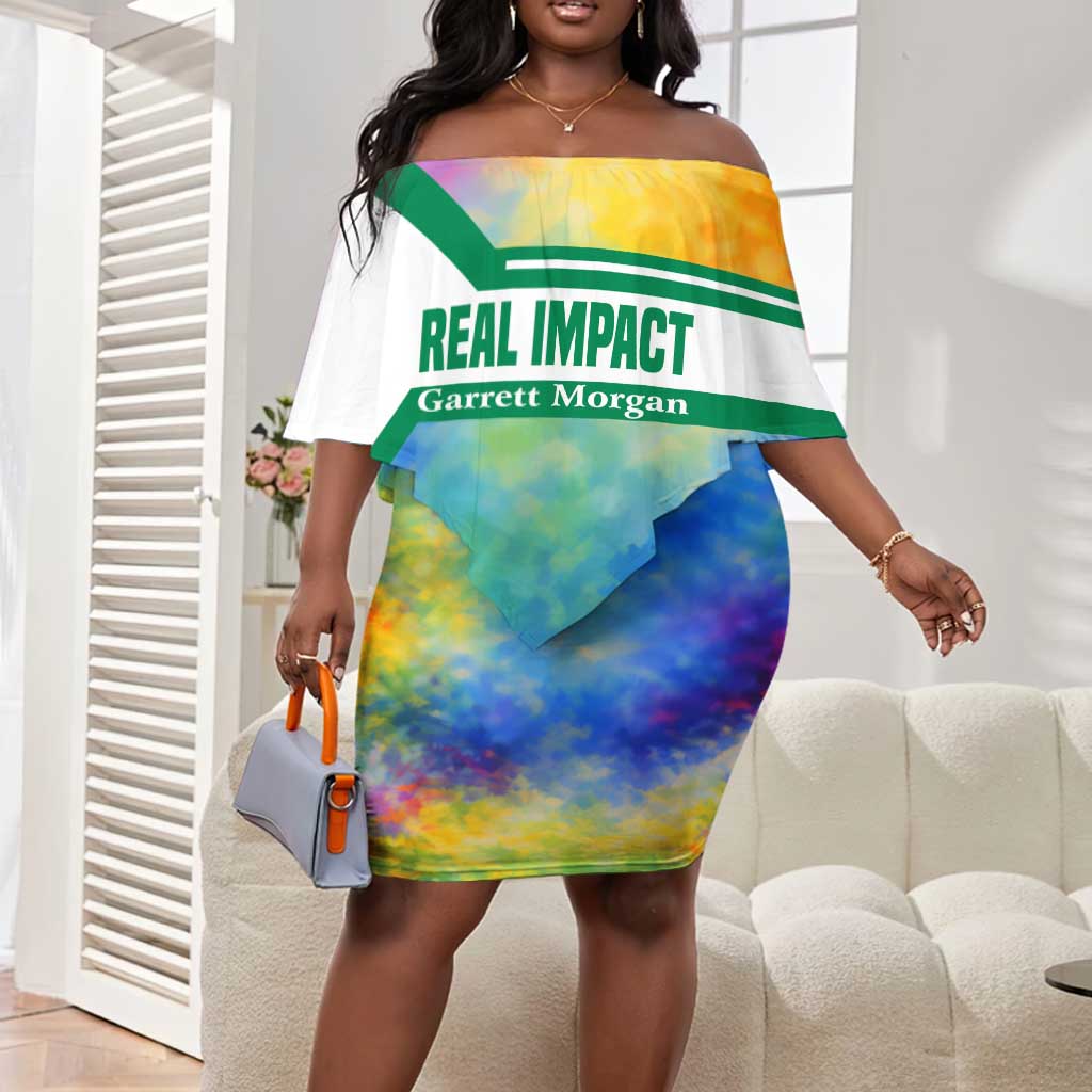 Garrett Morgan Off Shoulder Short Dress with Real Impact Quote, Black Inventor Portrait and Vibrant Watercolor - African Pride