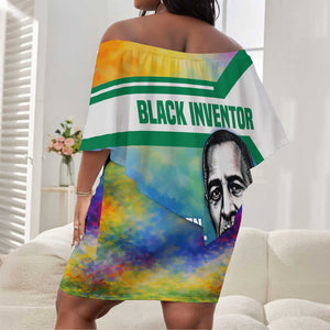 Garrett Morgan Off Shoulder Short Dress with Real Impact Quote, Black Inventor Portrait and Vibrant Watercolor - African Pride