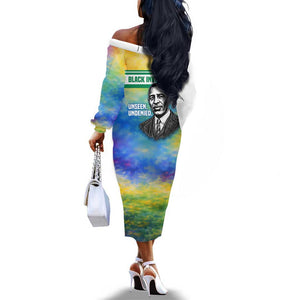 Garrett Morgan Off The Shoulder Long Sleeve Dress with Real Impact Quote, Black Inventor Portrait and Vibrant Watercolor - African Pride