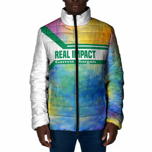 Garrett Morgan Padded Jacket with Real Impact Quote, Black Inventor Portrait and Vibrant Watercolor - African Pride