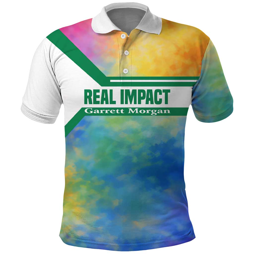 Garrett Morgan Polo Shirt with Real Impact Quote, Black Inventor Portrait and Vibrant Watercolor - African Pride
