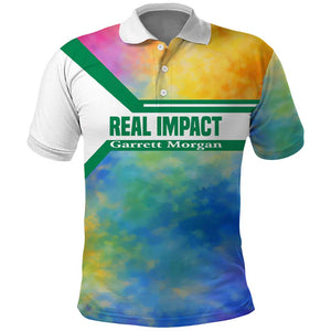 Garrett Morgan Polo Shirt with Real Impact Quote, Black Inventor Portrait and Vibrant Watercolor - African Pride